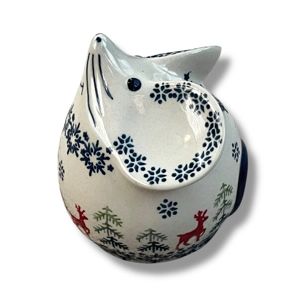 Polish Pottery Mouse Piggy Bank Christmas Reindeer Trees Snowflakes Folk Art - Picture 1 of 10